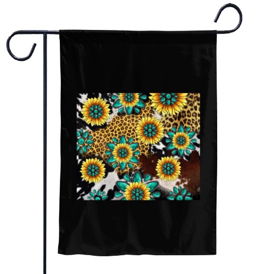 Turquoise Gemstone Sunflowers Leopard Cowhide Garden Flags