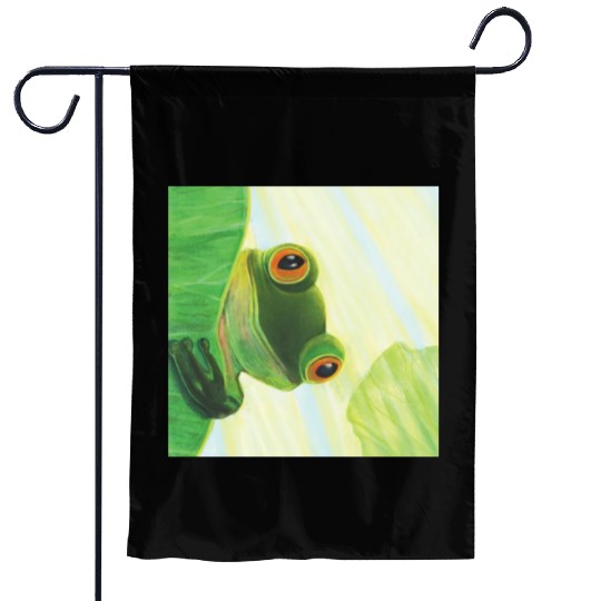 Cute Green Frog Peeping out From Behind Lily Pad Garden Flags
