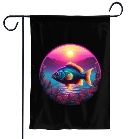 Synthwave Fish and Coral and a Sunset and Ocean Garden Flags