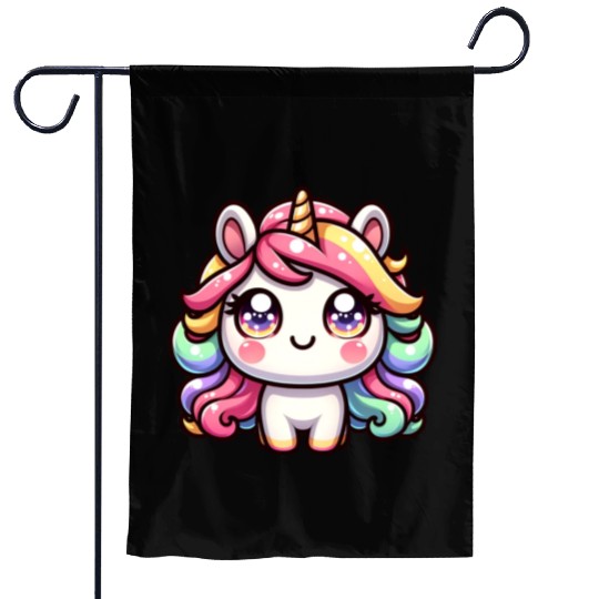 Cute chibi Unicorn with colorful hair Garden Flags