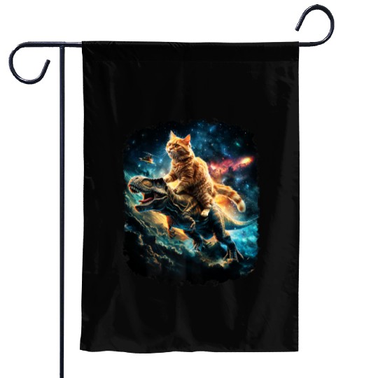 Cat Riding Dinosaur Rex Premium Garden Flags