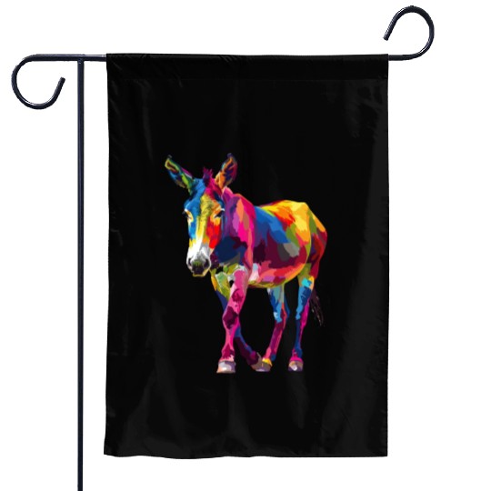 Colorful Donkey Illustration in Vibrant Rainbow Garden Flags