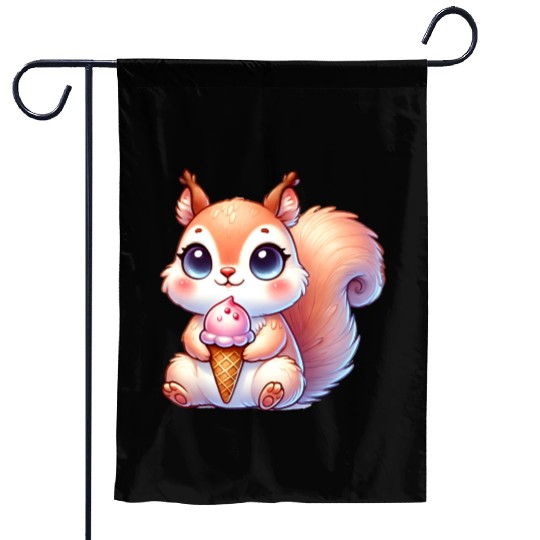 The cute squirrel is enjoying a colorful ice cream Garden Flags