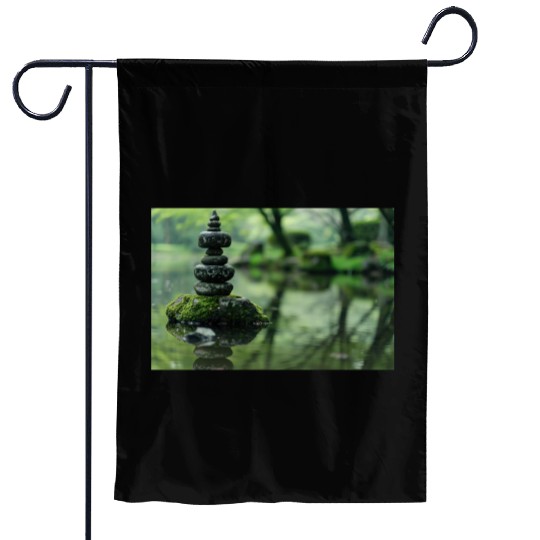 Zen Stone Stack Reflected in Tranquil Pond Garden Flags