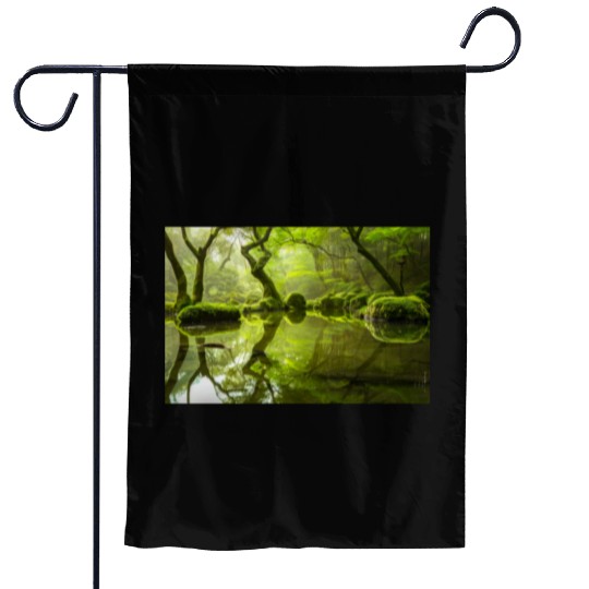 Enchanted Forest Reflections in Tranquil Pond Garden Flags