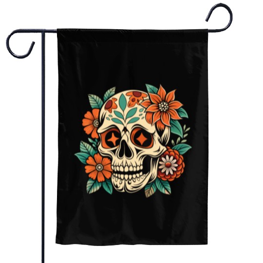 Vintage Retro Halloween Sugar Skull with floral Garden Flags