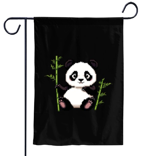 A pixel art of a panda with a bamboo leaf Garden Flags