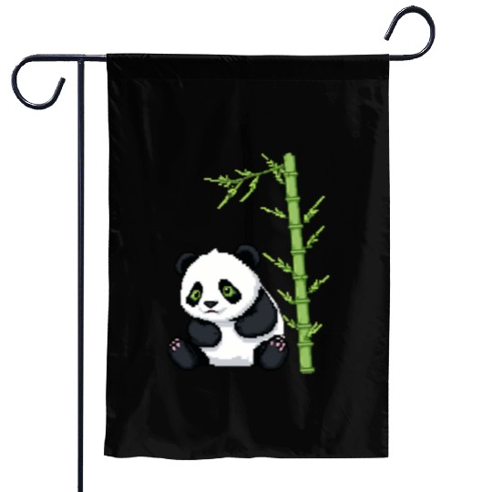 A pixel art of a panda with a bamboo leaf Garden Flags
