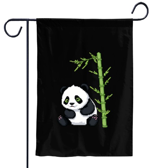 A pixel art of a panda with a bamboo leaf Garden Flags