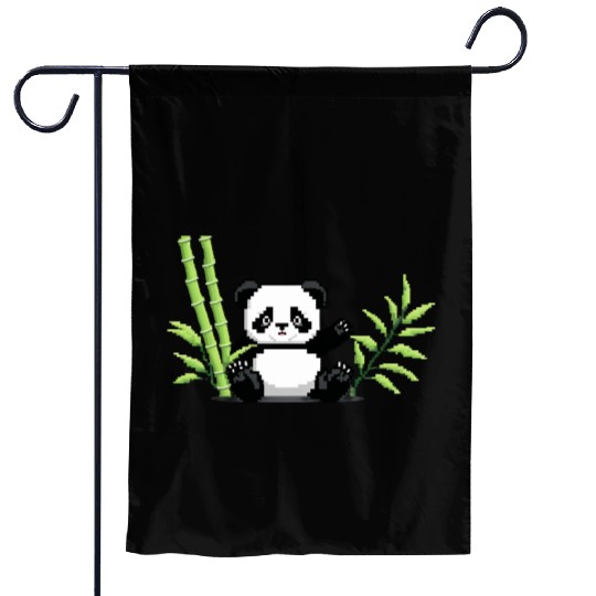 A pixel art of a panda with a bamboo leaf Garden Flags