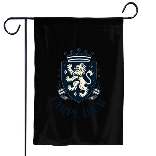 Carpe Diem - Elegant Heraldic Crest With Lion and Garden Flags