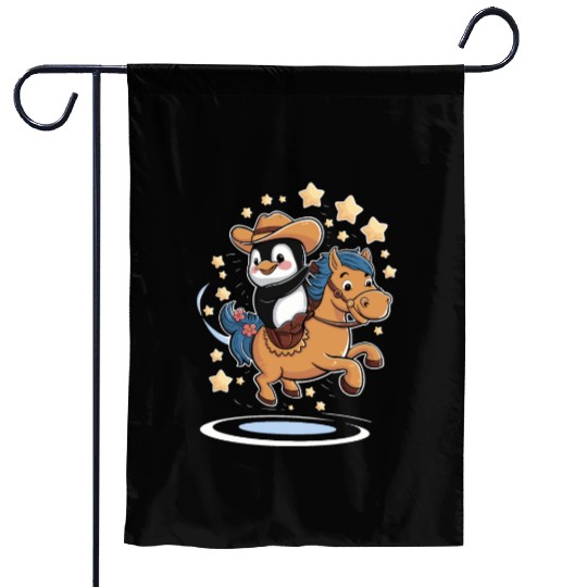 Adorable Penguin Cowboy Riding a Magical Pony Garden Flags