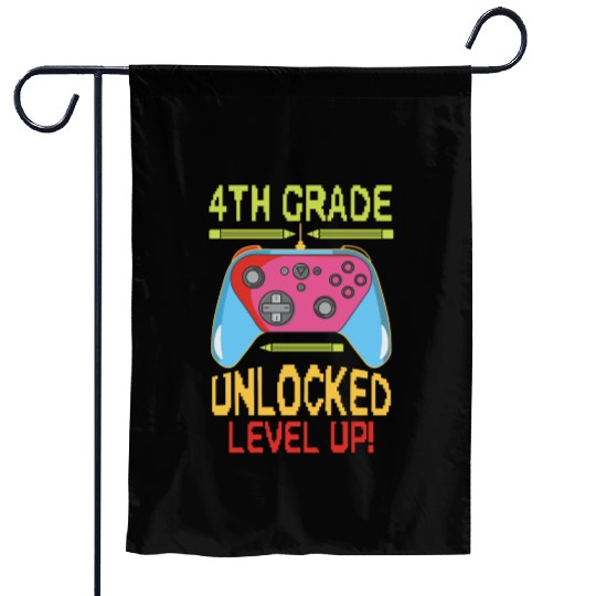 4th Grade Unlocked Level Up Video Gamer Garden Flags Back