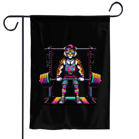 Muscular Rainbow Tiger Deadlifting Garden Flags