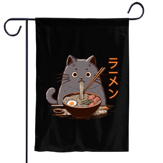Japanese Cat Eating Ramen Garden Flags