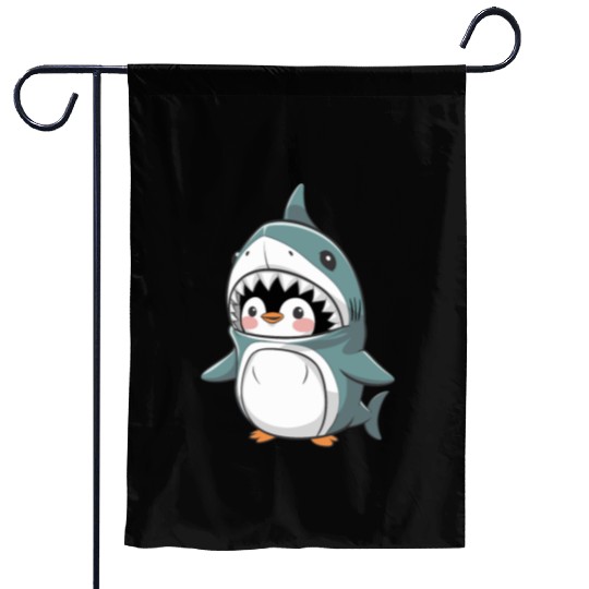 Cute Penguin in Shark Costume Fun Animal Outfit Garden Flags