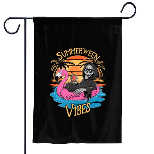 Summerween Vibes Skeleton Flamingo Spooky Garden Flags