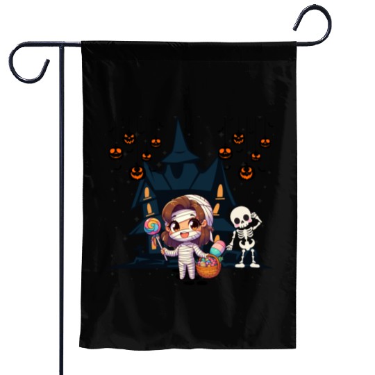 Friendly mummy and skeleton illustration Garden Flags