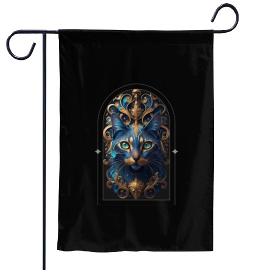 Elegant stylish blue and gold cat face Garden Flags