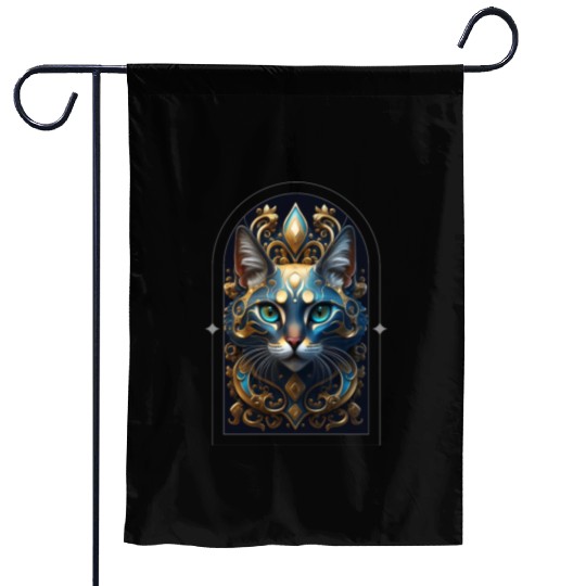 Elegant stylish blue and gold cat face Garden Flags
