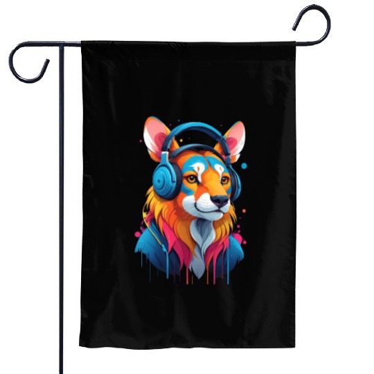 Rave Animal Wears Colorful Headphones Garden Flags