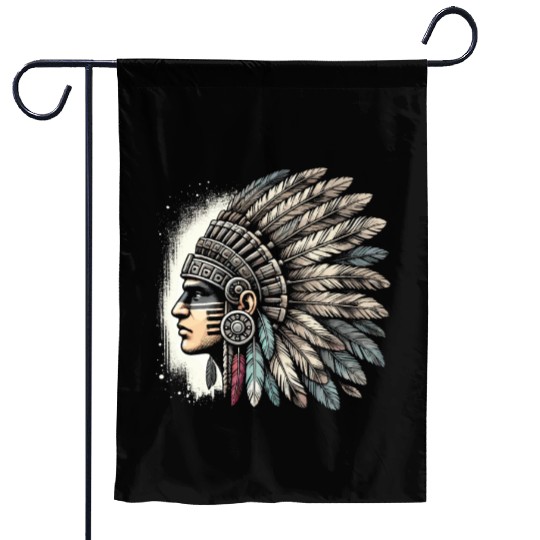 Aztec Warrior Mask with Tribal Art and Ancient Garden Flags