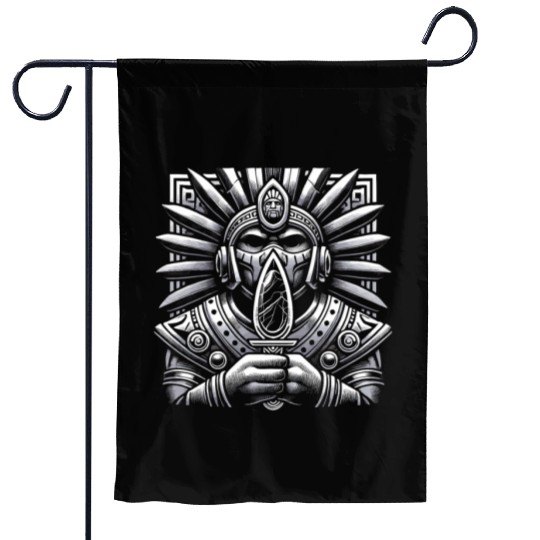 Aztec Warrior Mask with Tribal Art and Ancient Garden Flags