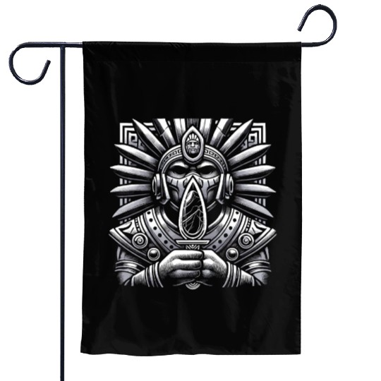 Aztec Warrior Mask with Tribal Art and Ancient Garden Flags