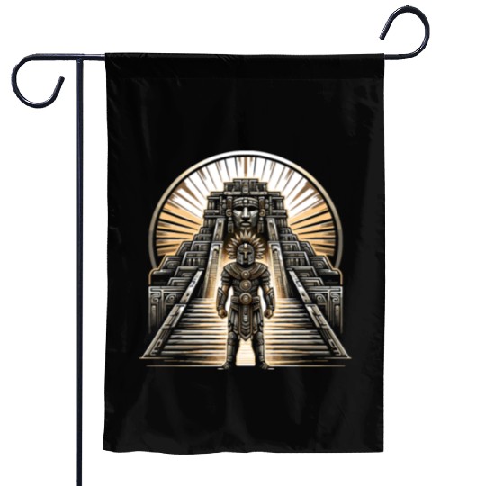 Aztec Warrior Mask with Tribal Art and Ancient Garden Flags