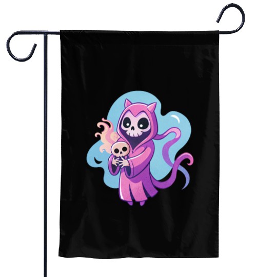 skeletal figure, violet pink robe, lavender puppy Garden Flags