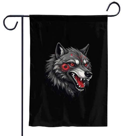 Fierce Wolf Head Illustration with Red Tribal Mark Garden Flags