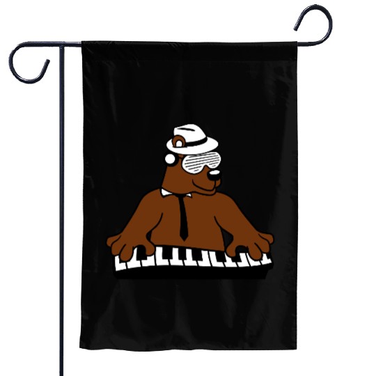 Grizzly Brown Bear Playing Keyboard Piano Music Garden Flags