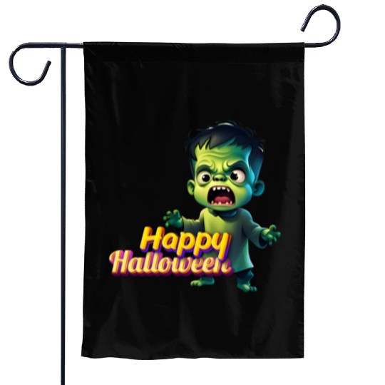 Little Cute Green Zombie Expressing Fear Garden Flags