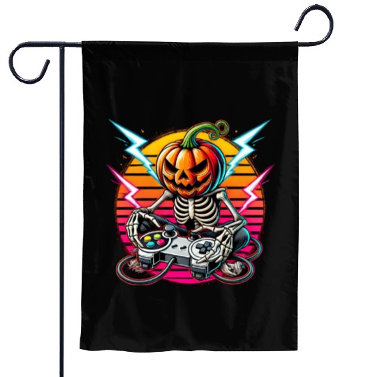 Retro Pumpkin Skeleton Gamer Neon Halloween Design Garden Flags
