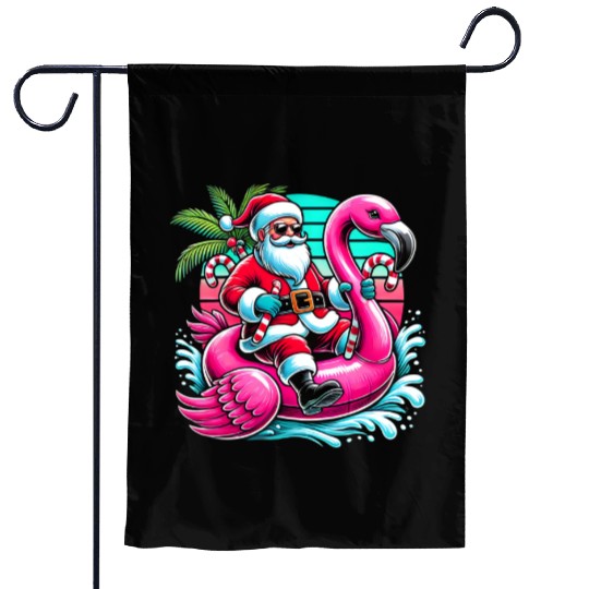 Santa Riding Flamingo in Tropical Christmas Fun Garden Flags