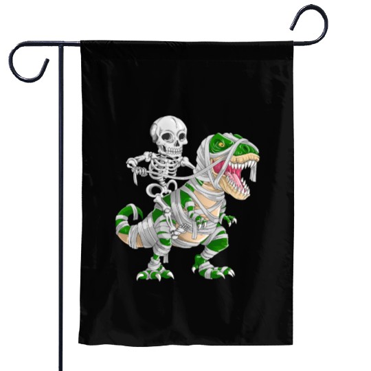 Skeleton Riding Mummy Dinosaur T rex Halloween Garden Flags