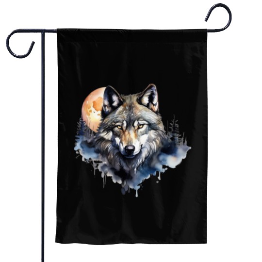 Wolf Portrait Under Full Moon Design Garden Flags