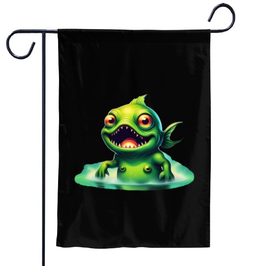 Green Monster Fish Emerge from the Deep Lake Scary Garden Flags