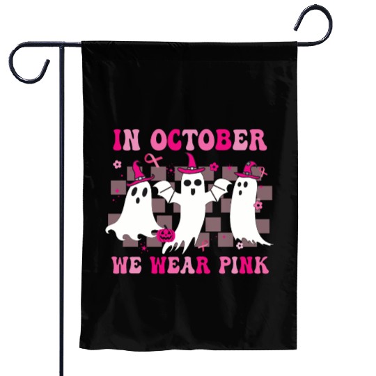 In October We Wear Pink Wizard Ghosts Halloween Garden Flags