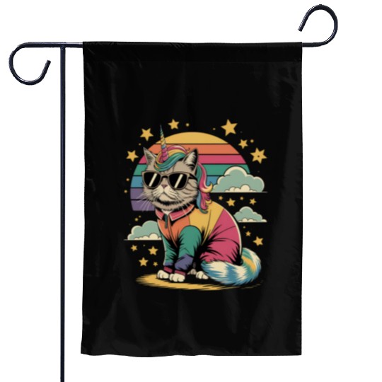 Dramatic Unicorn Cat in Sunglasses Relaxing Garden Flags