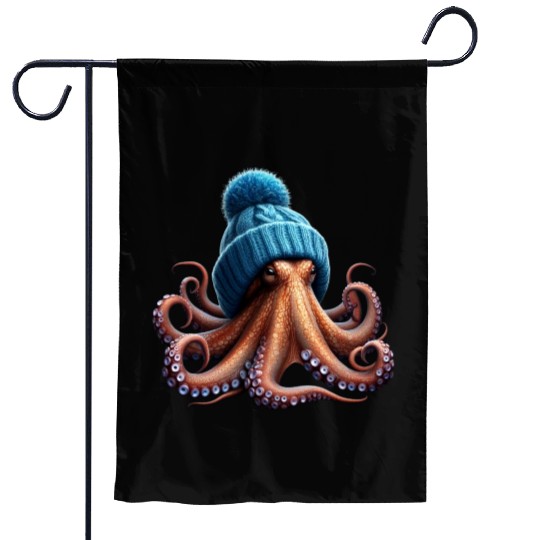 An Octopus Wearing a Knitted Blue Winter Hat Garden Flags