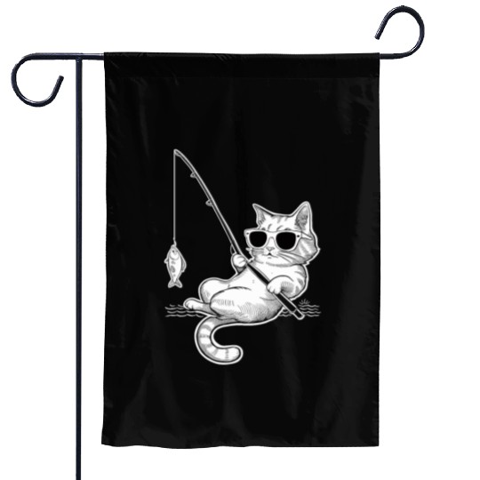 Cat Wearing Sunglasses Fishing with a Fish Garden Flags
