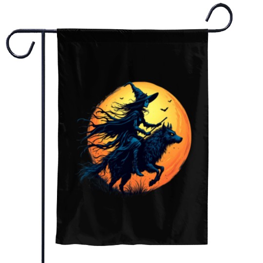 Halloween Witch Riding a Wolf Under Full Moon Garden Flags