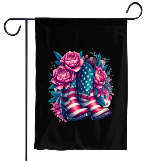American Flag Cowgirl Boots Flowers Garden Flags