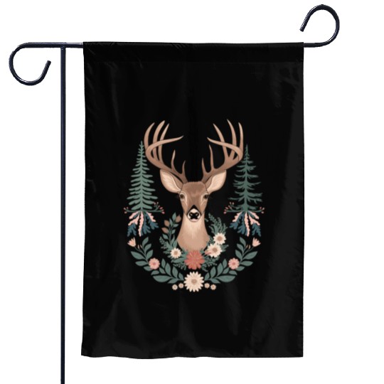 Cottagecore Deer with Floral Wreath and Evergreen Garden Flags