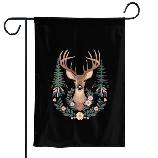Cottagecore Deer with Floral Wreath and Evergreen Garden Flags