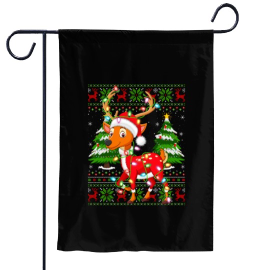 Deer Santa Hat Ugly Christmas Tree Lights Garden Flags