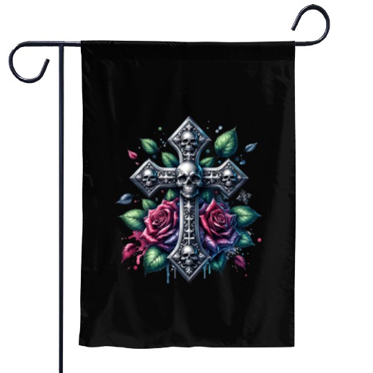 Gothic Collection - Cross, Skulls & Red Roses Garden Flags