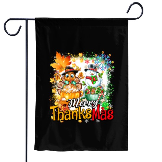 Merry Thanksmas Turkey Snowman Coffee latte cup Garden Flags