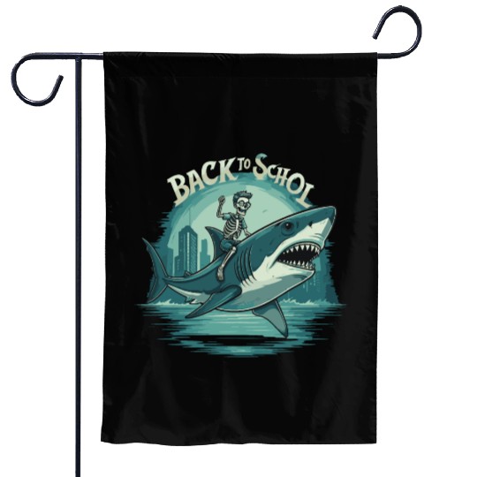 Boys Skeleton Riding a Shark Back to School Garden Flags